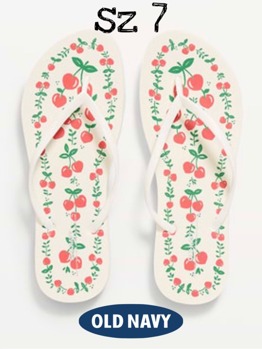 Old Navy Women’s White Flip Flops with Cherry Print Sz 7 NEW